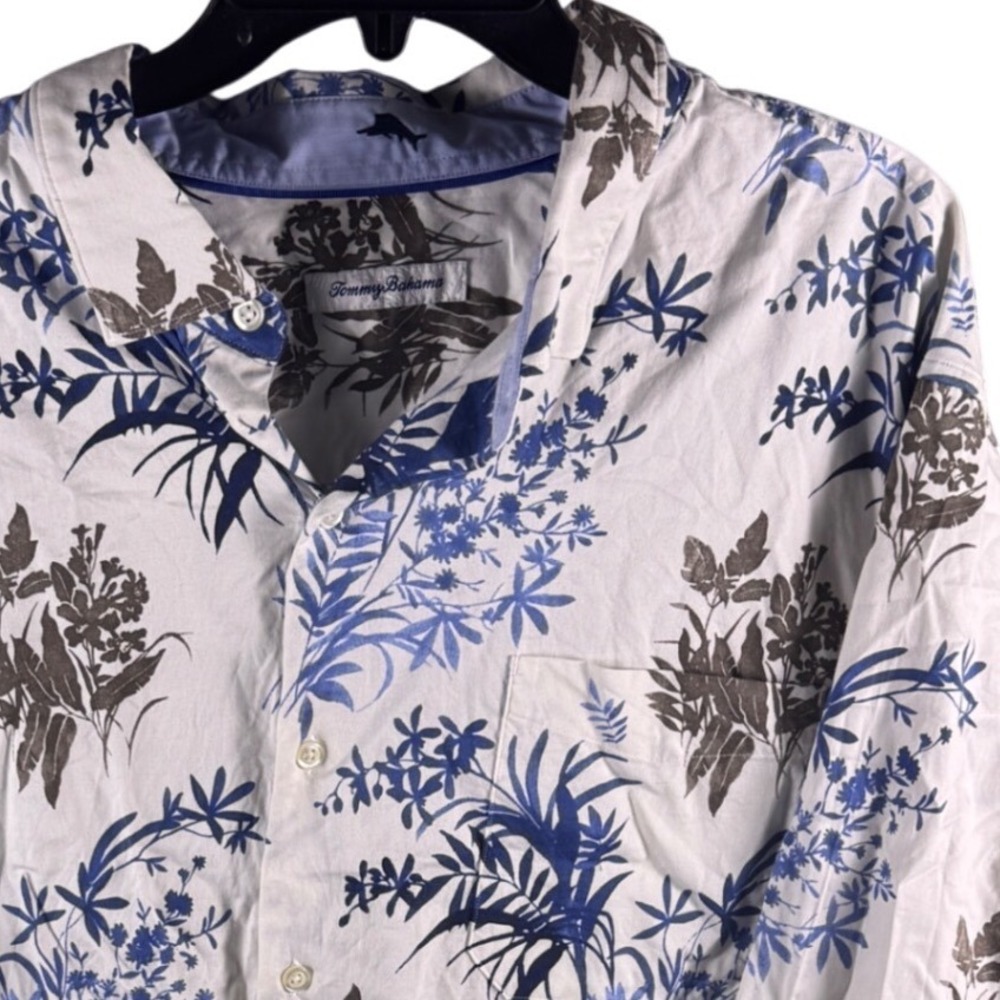 Tommy Bahama Mens XXL White Blue Floral Cotton Silk Blend Button Down Shirt